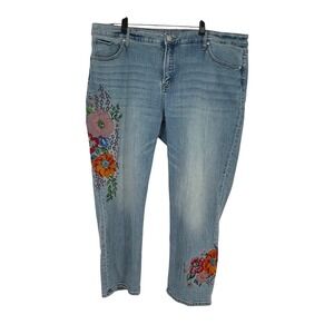 Chicos SO Slimming Girlfriend Embroidered Crop Jeans Size 20W Blue Denim Boho